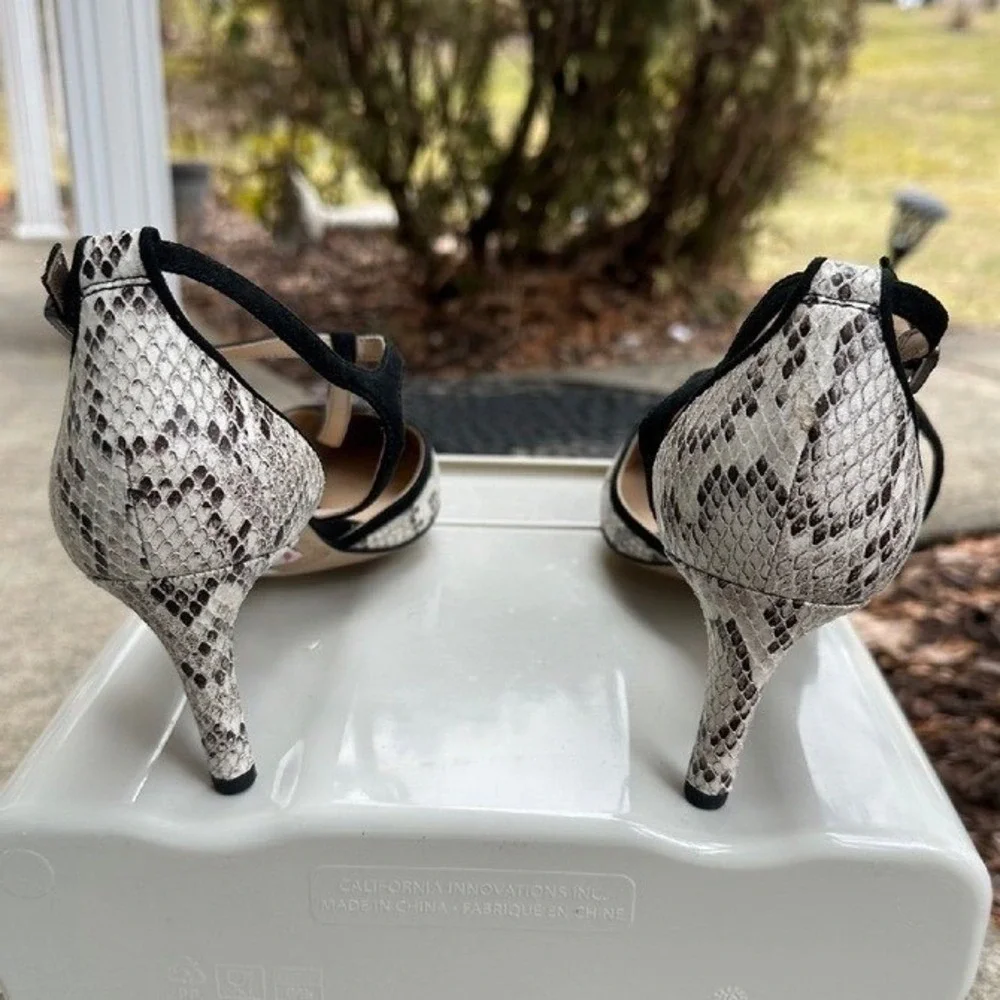 Franco Sarto Snakeskin Heels Pointed Toe Pumps Black Trim‎ Woman's 9.5M - Picture 6 of 11